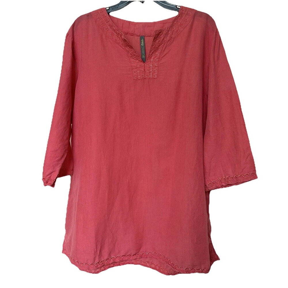 Cabelas Top Tunic Women’s 2X Coral Embroidered Boho Resort Breezy Linen Cotton
